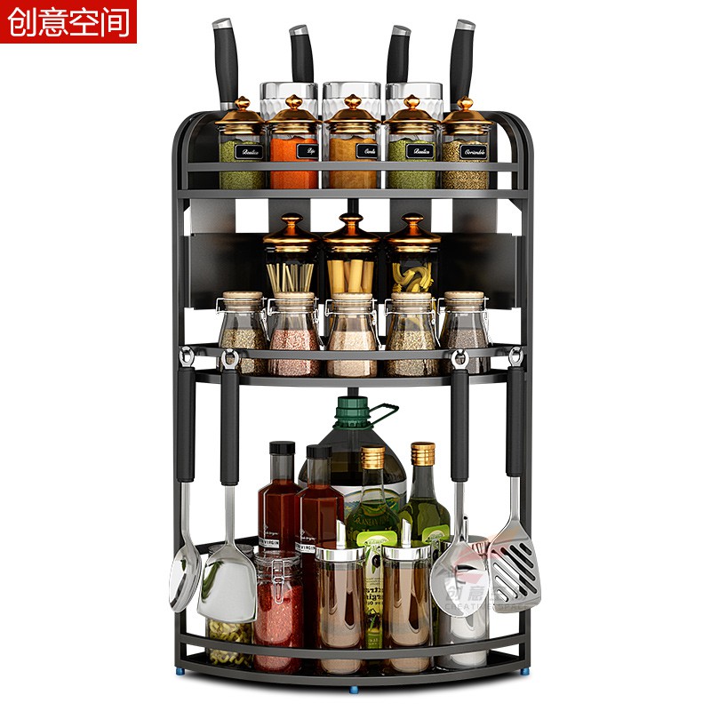 黑色不锈钢厨房置物架油盐酱醋收纳架三角转角调味调料架壁挂落地收纳层架 三维工匠高清大图