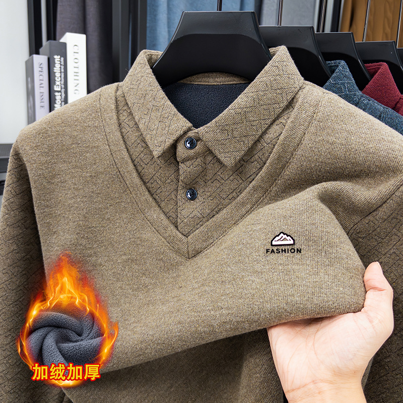 含羊毛假两件男士毛衣爸爸装秋冬季新款加绒保暖翻领打底针织衫男高清大图