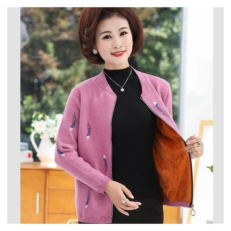 中年女装加绒外套妈妈秋装针织衫上衣新款中老年秋冬装毛衣厚开衫
