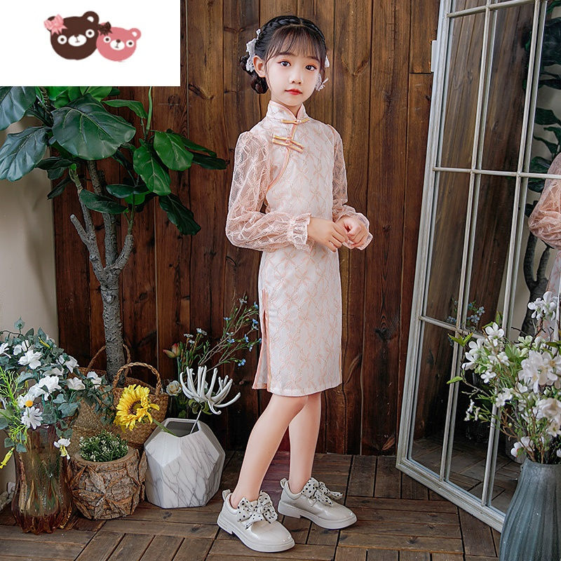 绿彩虹光女童旗袍夏季长袖女孩洋气裙女大童蕾丝连衣裙儿童旗袍2022年新款裙子