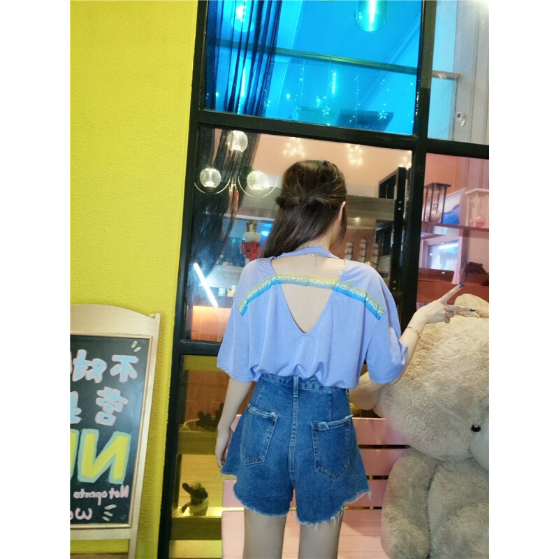 2018夏装露背小心机百搭短袖T恤上衣+时尚牛仔短裤阔腿裤套装女