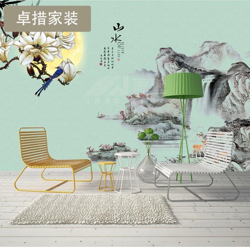 新中式淡雅禅意山水意境墙纸壁画电视背景墙客厅卧室影视墙布壹德壹