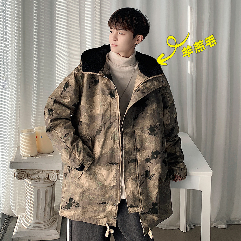 YUANSU迷彩工装棉衣男士秋冬季加厚羊羔毛韩版棉服宽松大码胖子棉袄外套棉衣