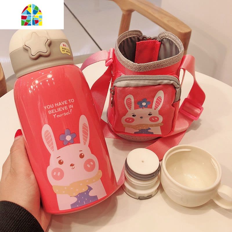 封后大容量儿童保温杯男女小学生真空不锈钢吸管喝水杯幼儿园宝宝杯子 FENG 蓝独角兽500ml+斜跨套+双盖关注收藏送四图片