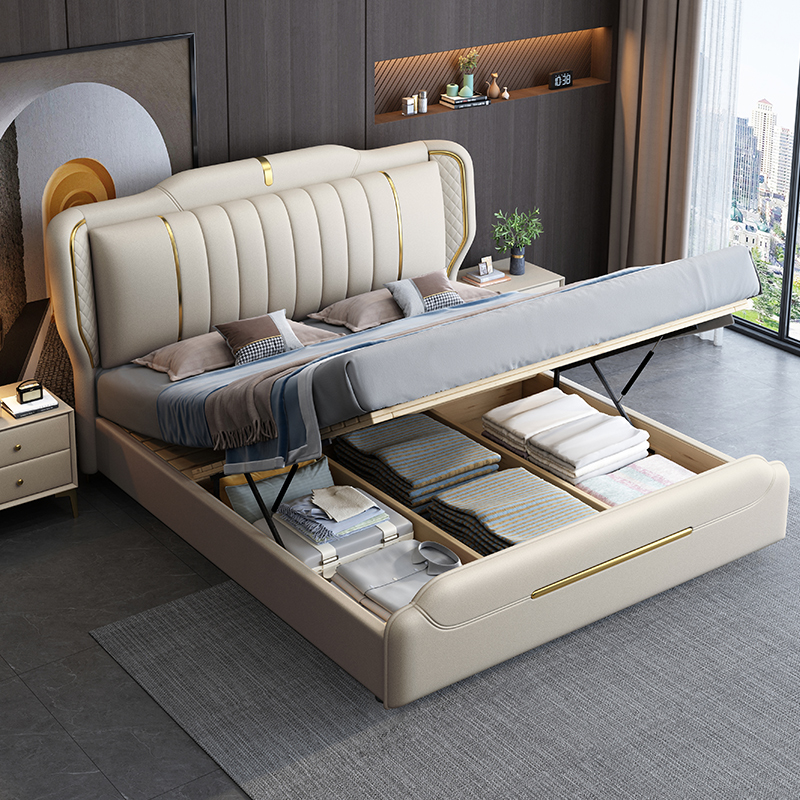 意式真皮床轻奢现代简约主卧室双人床小户型储物床家用软包大婚床高清大图