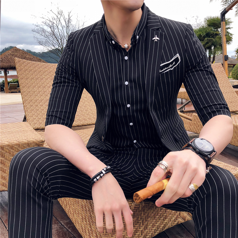 夏新款英伦条纹西服套装男青年休闲小西装修身型师气质中袖西服