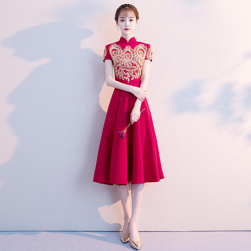 中式敬酒服新娘旗袍2018新款夏季中长款红色结婚礼服回服显瘦女