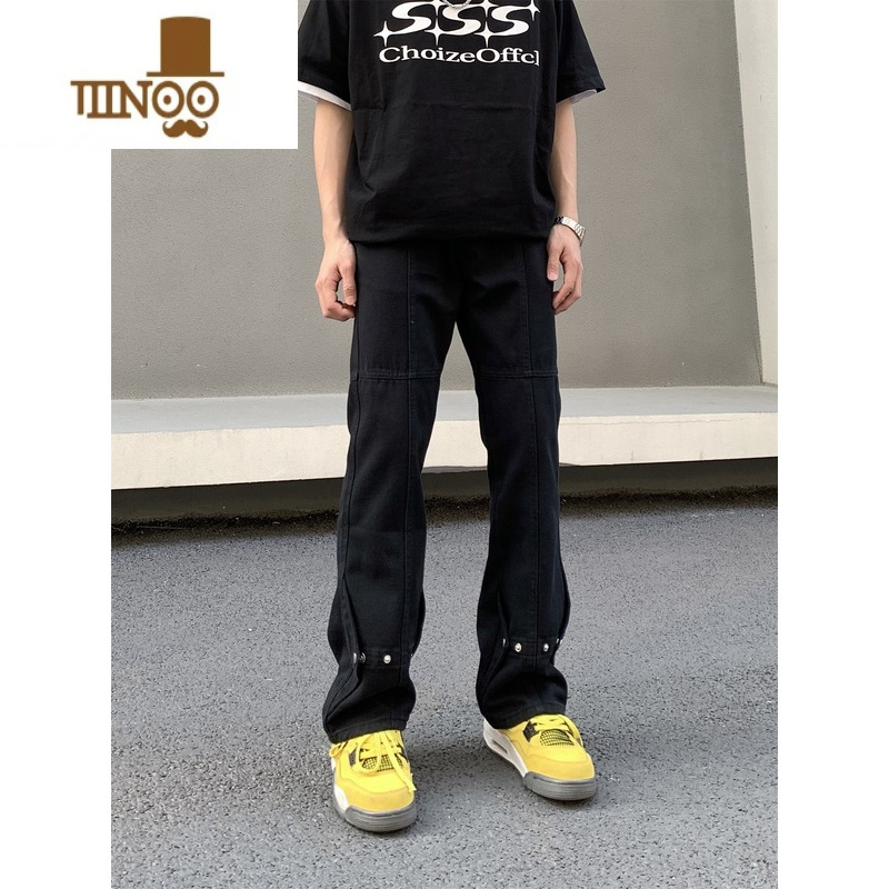 YANXU美式高街vibe风设计感排扣牛仔裤男ins潮牌直筒显瘦微喇百搭长裤