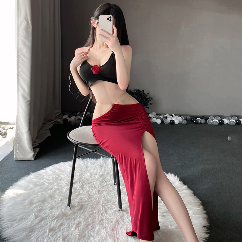 霏慕性感情趣内衣金链饰腰性感露背套装6615女式情趣睡衣制服床上衣服高开叉长裙高清大图