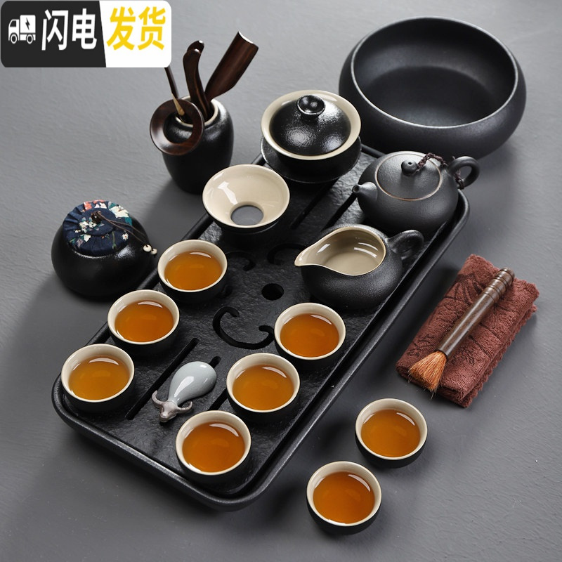 三维工匠乌金石茶具茶盘套装家用功夫茶海茶托小茶台储水式石头简约干泡台 长方梅花茶盘(双用)+黑陶茶具高清大图