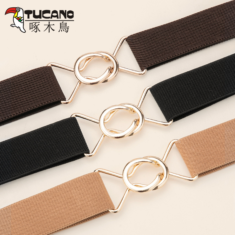 啄木鸟女士皮带2025新款松紧懒人羽绒服腰带牛仔裤带束腰弹力裤腰高清大图