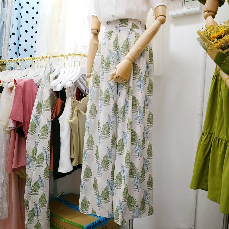韩国ulzzang2018夏装新款高腰显瘦九分裤子休闲雪纺树叶阔腿裤女