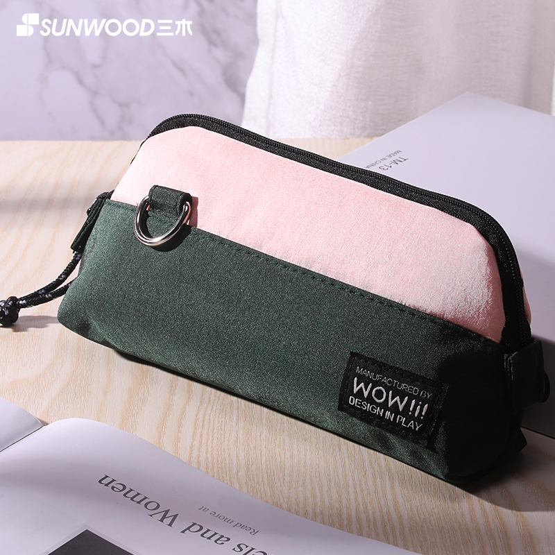 三木(SUNWOOD)大容量帆布笔袋拼色韩国简约ins风女小清新创意可爱网红文具盒高中生铅笔袋日系潮初中生女生小学生男