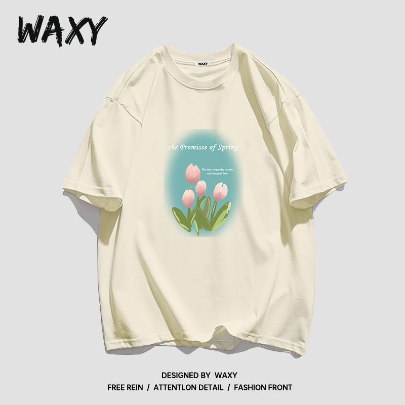 WAXY纯棉T恤女潮牌短袖学生宽松显瘦潮流印花嘻哈设计感小众上衣