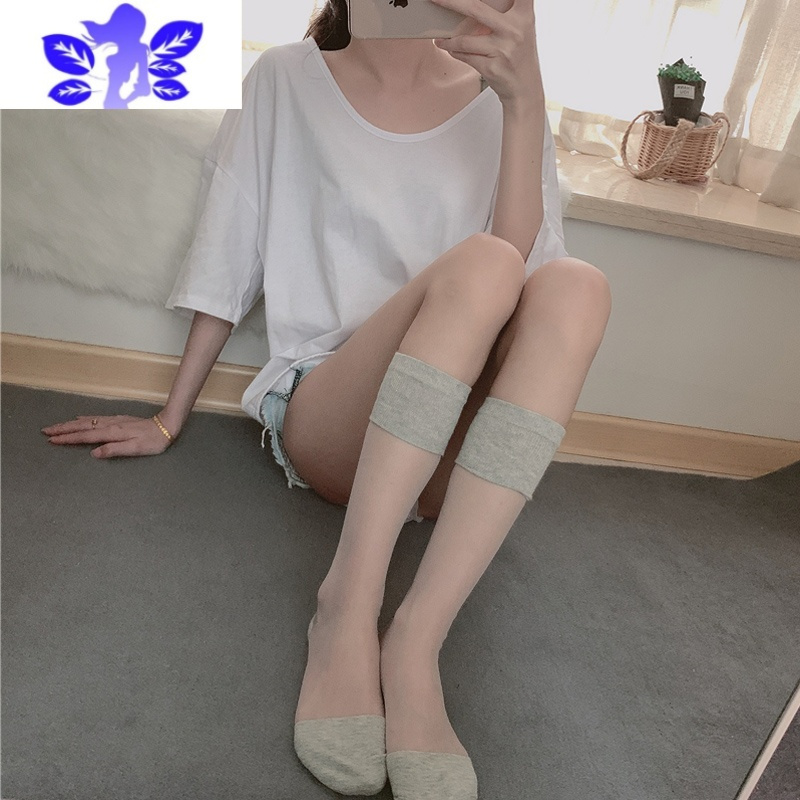 Ideamini日系长筒袜水晶玻璃丝袜小腿袜薄款拼接透气卡丝中高筒袜透明袜子袜子
