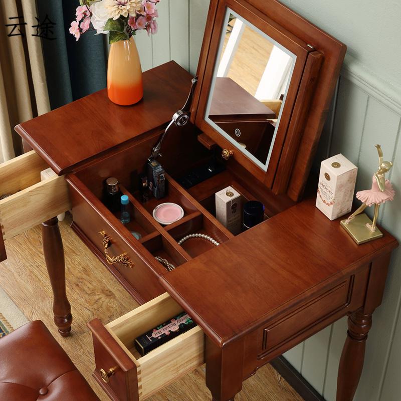 带灯实木翻盖梳妆台 折叠60/80/1米化妆桌网红灯镜小户型书桌定制