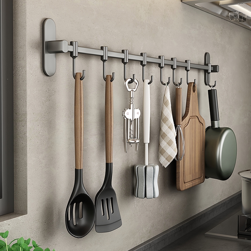 厨房挂钩半梅免打孔挂杆厨房置物架锅铲勺子挂架不锈钢排钩壁挂式收纳