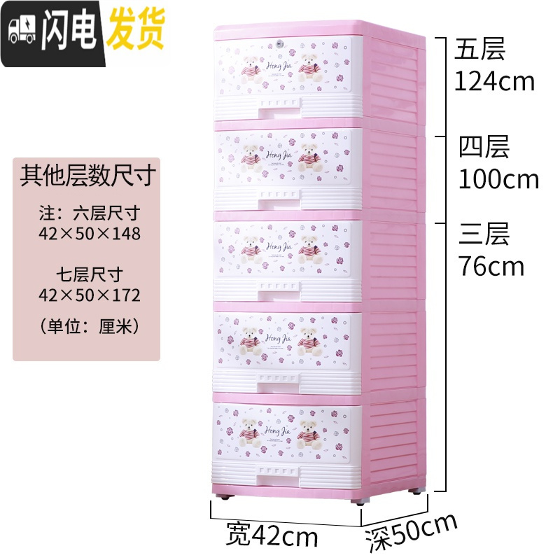 三维工匠抽屉式收纳柜子儿童简易衣柜五斗柜婴儿宝宝储物柜多层收纳柜 42面宽碎花熊【粉色】3层