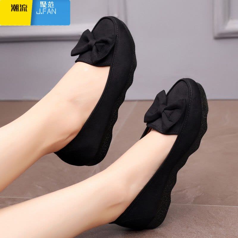 聚范老北京布鞋平底女鞋单鞋浅口时尚蝴蝶结黑色工作鞋豆豆鞋孕妇图片