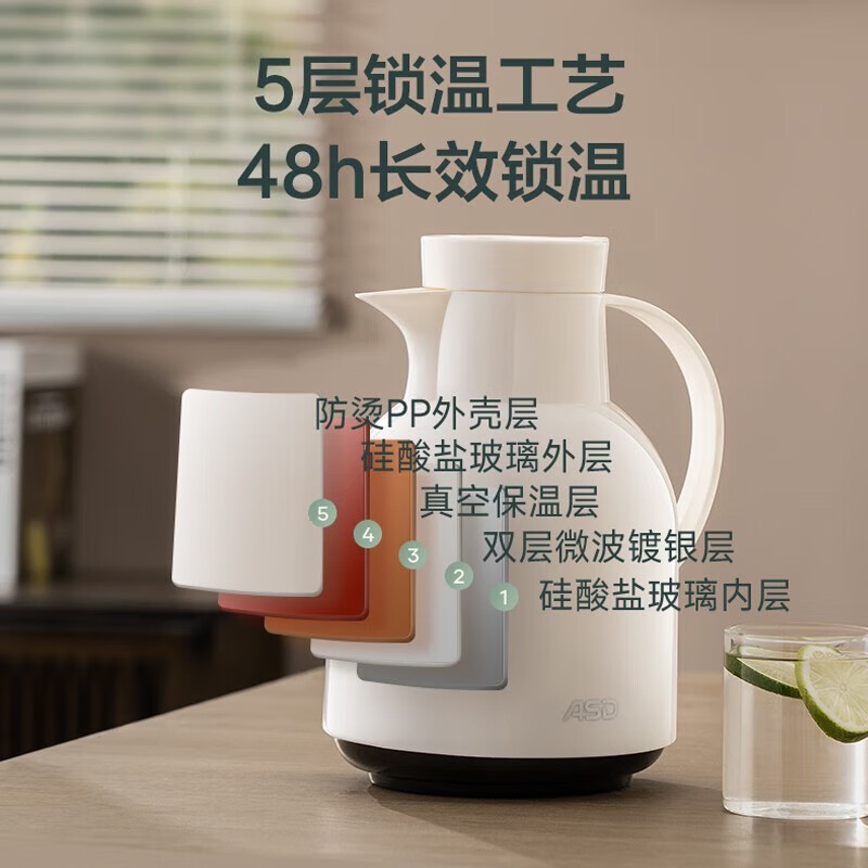 爱仕达 ASD 保温壶1L/1.5L 真空塑玻保温壶玻璃内胆 暖瓶茶瓶办公大容量长保温热水壶保温壶家用