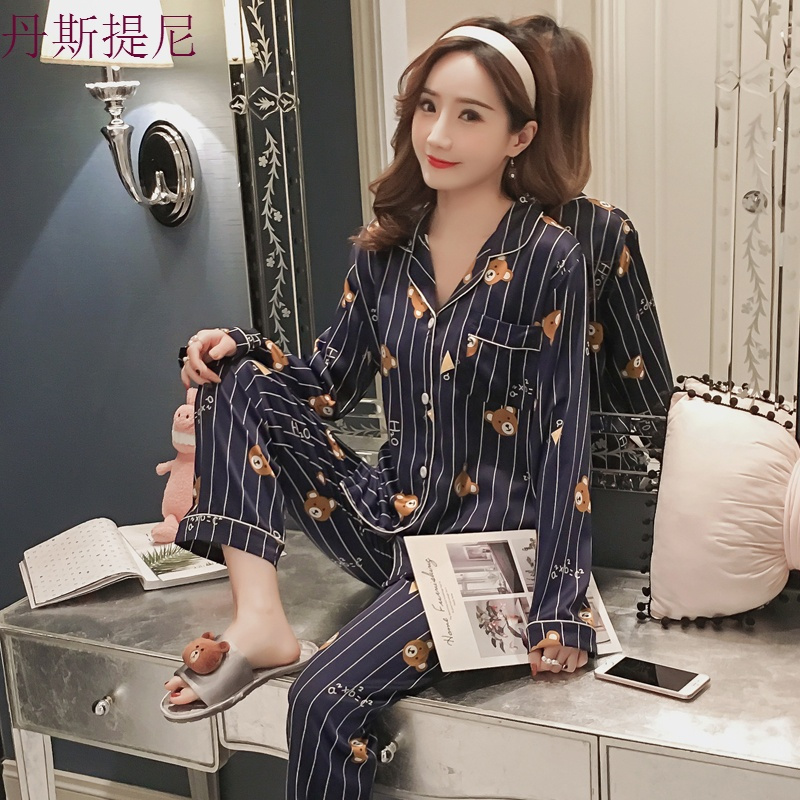 加肥加大码睡衣女春秋 可爱卡通真丝胖mm200斤夏冰丝绸家居服套装