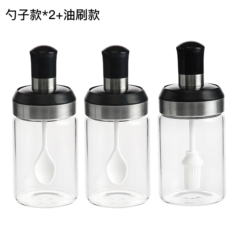 厨房家用勺盖一体调味罐盐味精调料盒玻璃密封调味瓶佐料收纳防潮 勺子款2只装+油刷款*1(送标贴+清洁布)