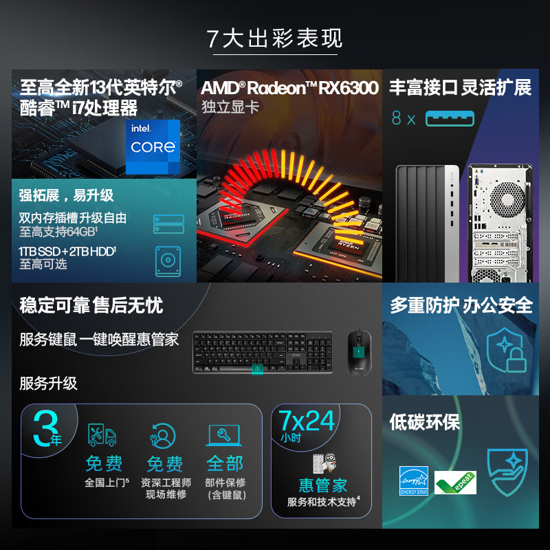 惠普(HP)战99 高性能商用办公学习电脑台式机电脑主机大机箱(i7-13700 32G内存 1TB SSD固态+2TB机械 RX6300 2G独显 WiFi 蓝牙)27.0英寸显