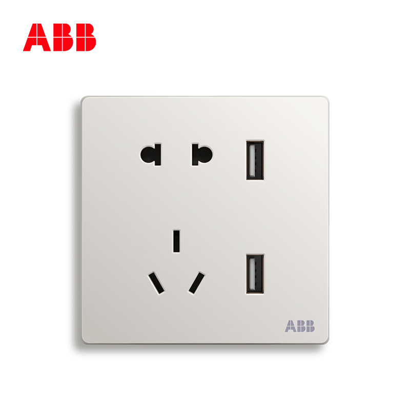 ABB开关插座无框轩致雅典白墙壁86型插座面板双USB五孔插座AF293