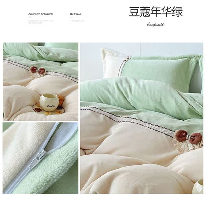 悠梦嘉居 豆蔻年华水晶绒四件套 超厚加绒冬日必备 被套+床单+枕套*2 豆蔻年华绿 YJ-15561高清大图