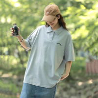 2024夏季女左胸刺绣短袖polo衫减龄百搭T恤休闲学院风潮_230 浅麻灰 L