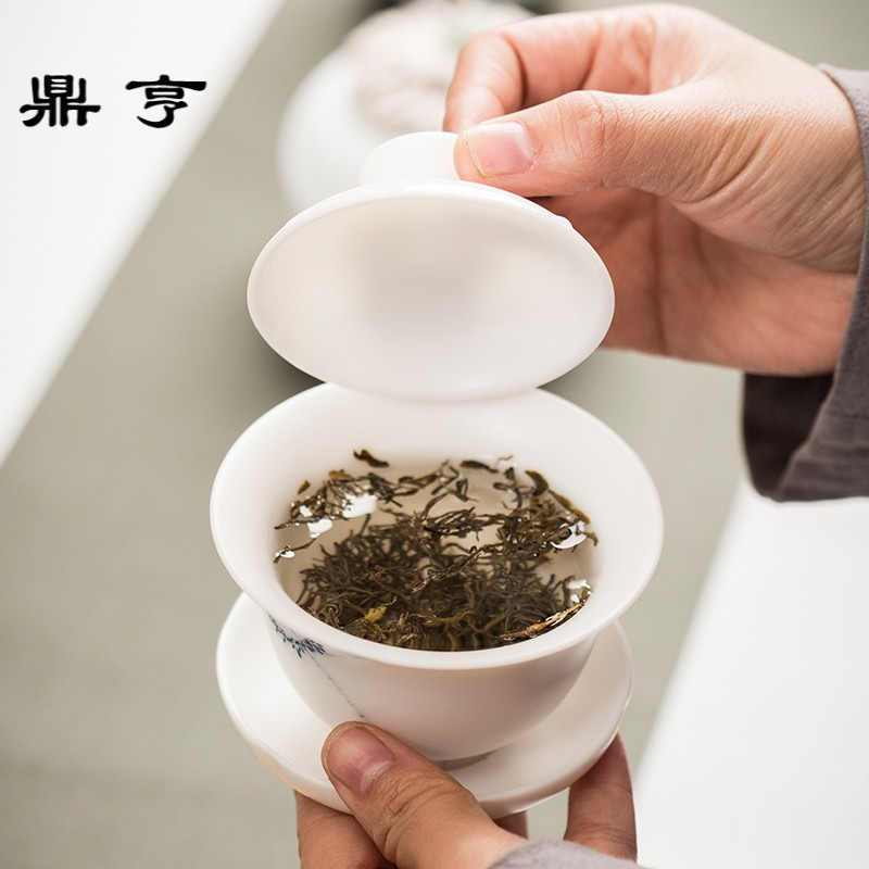 鼎亨玉瓷手绘盖碗敬茶杯德化白茶碗大号泡茶三才碗功夫茶具手抓壶