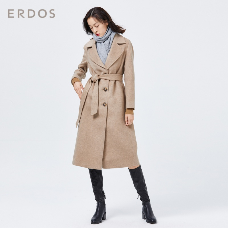 ERDOS 纯色简约翻领女士长款系带收腰纯羊绒大衣外套