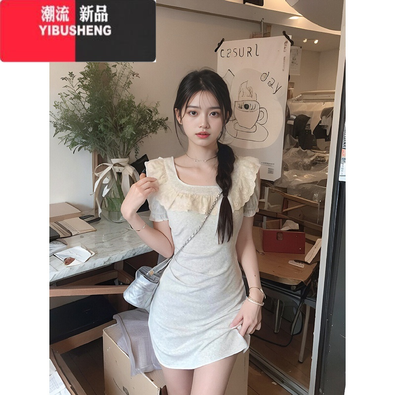 YIBUSHENG法式蕾丝拼接泡泡袖连衣裙2024新款女季气质修身收腰包臀短裙子