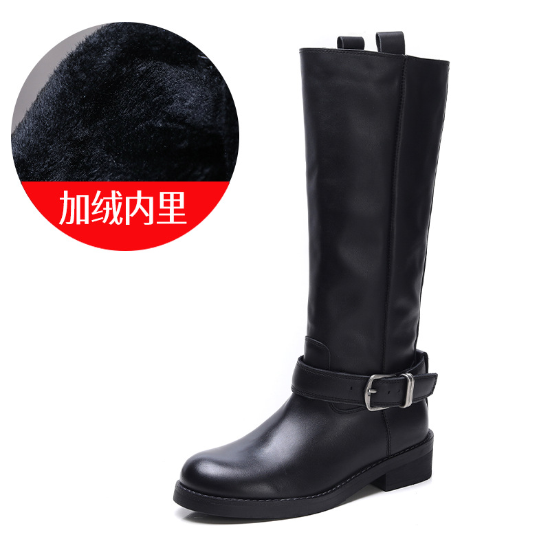 头层牛皮骑士靴女复古手抓牛皮粗跟皮带扣百搭长筒靴马丁靴