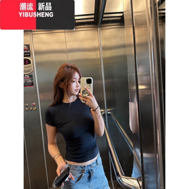 YIBUSHENG基础款美式辣妹紧身正肩短袖t恤女季2024新款修身收腰短款上基高清大图