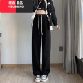 YIBUSHENG加绒加厚阔腿裤女垂感显瘦白色运动休闲长裤灯芯绒直筒女裤显 均码建议140斤以下 黑色只发一条春秋不加绒抽绳灯芯绒阔腿