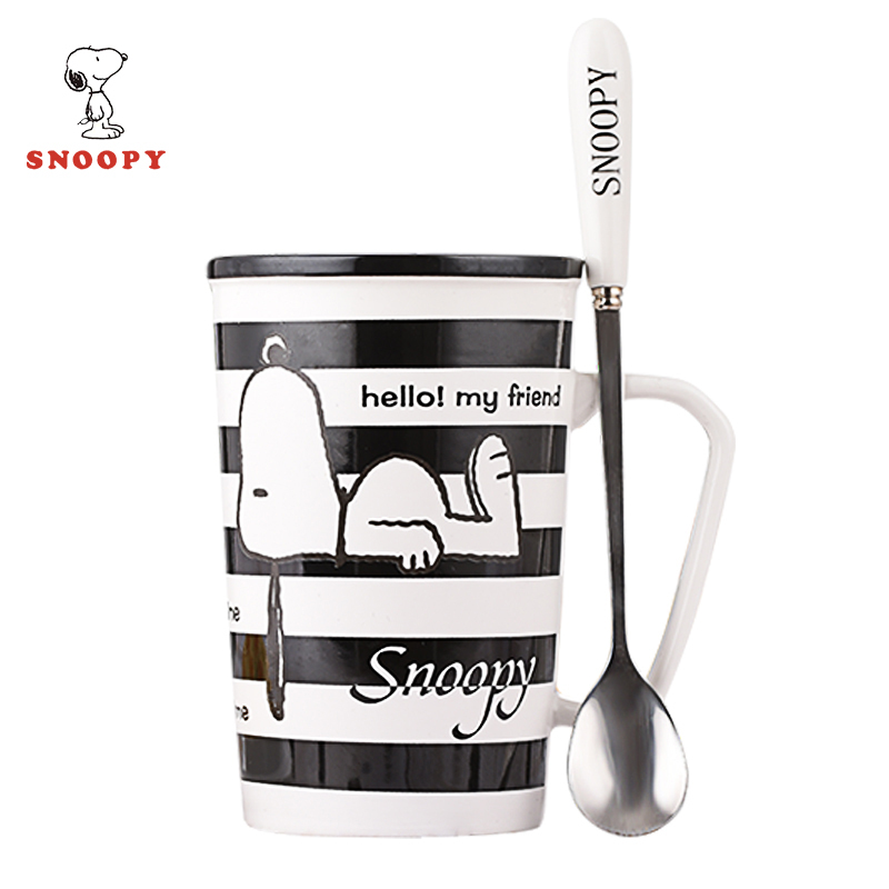 史努比(SNOOPY)陶瓷水杯可爱简约马克杯带盖勺男女创意个性潮流咖啡喝水杯子 5030白