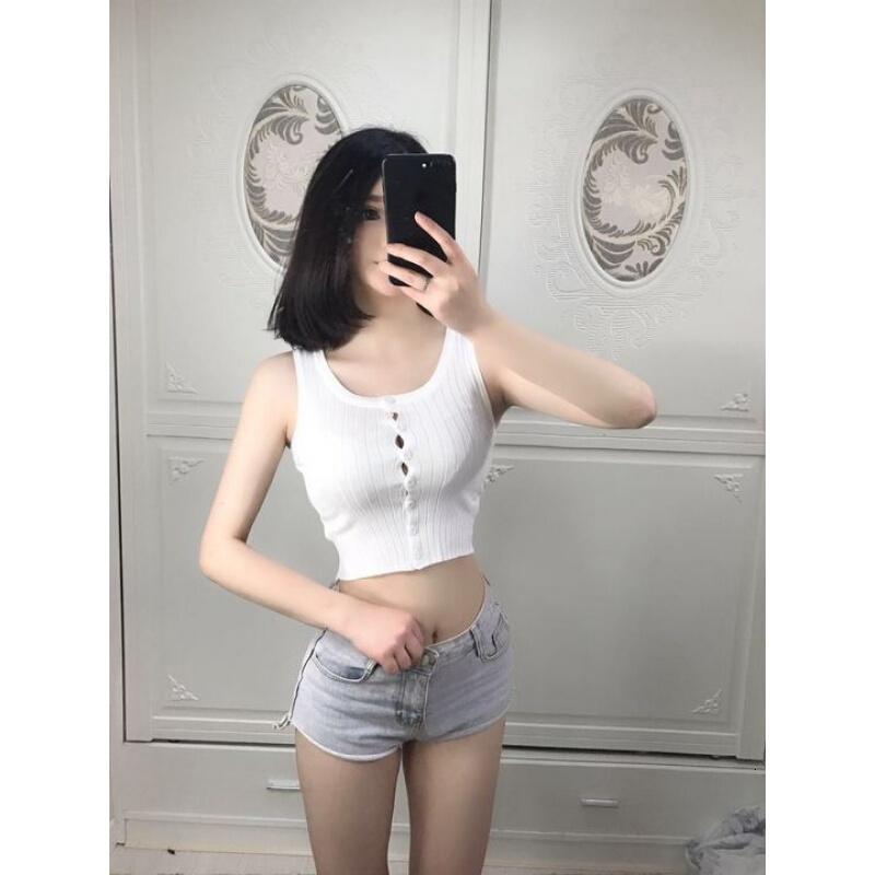 开襟单排针织背心低胸高腰露脐打底衫坑条线上衣灰均