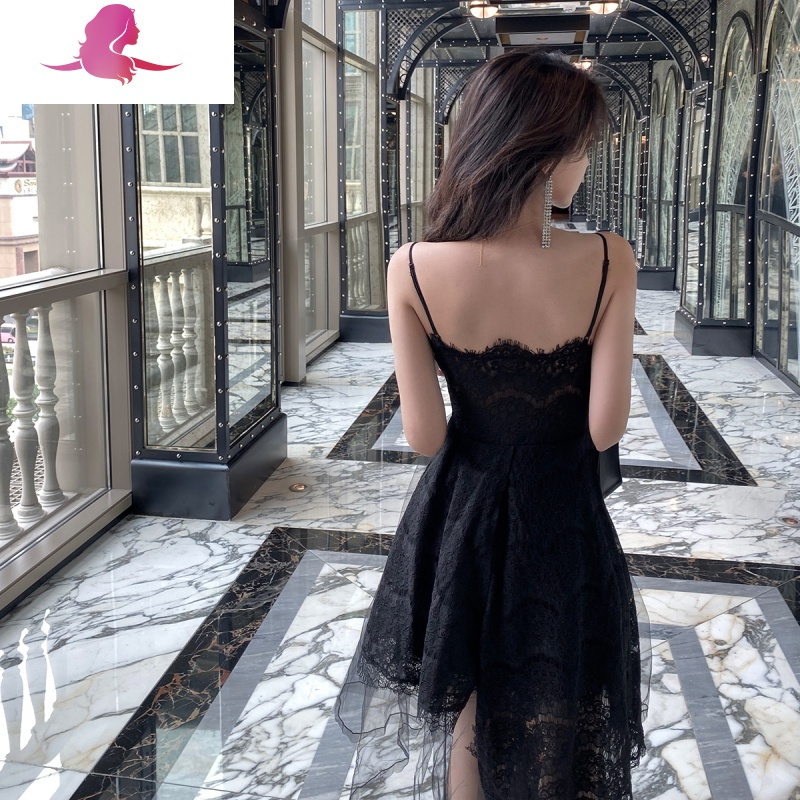 艳如飞黑色吊带连衣裙女夏性感女范裙子超仙内搭秋冬蕾丝网纱纱裙法式