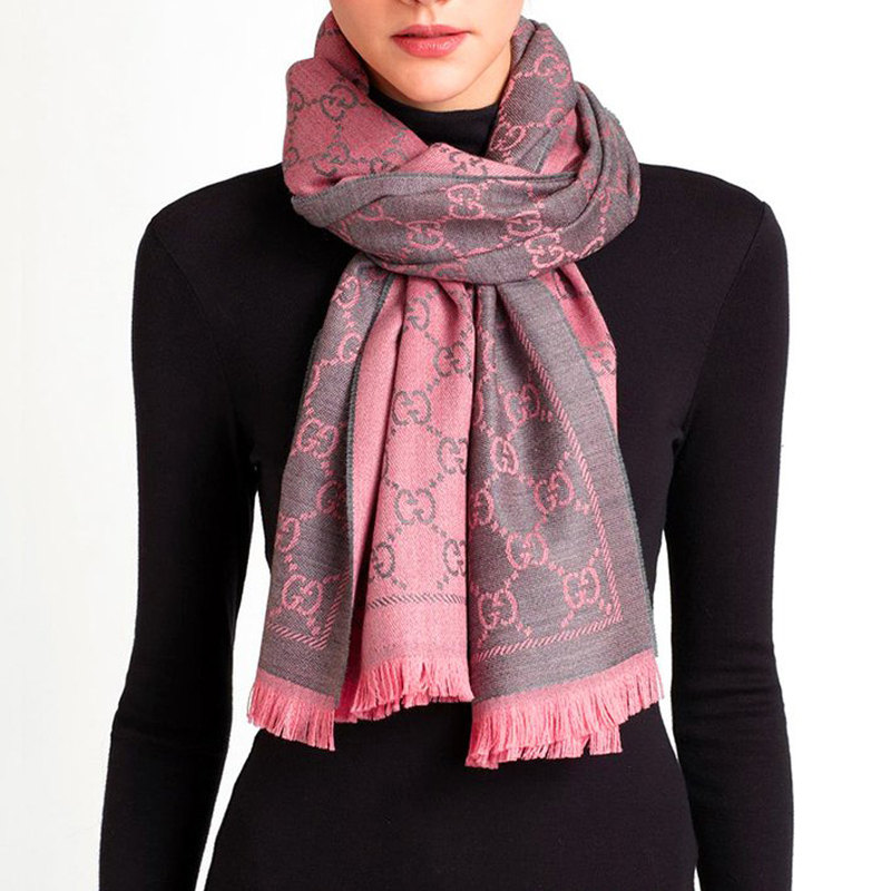 gucci古驰围巾男女同款羊毛双g图案提花中长款流苏边围巾601334833g