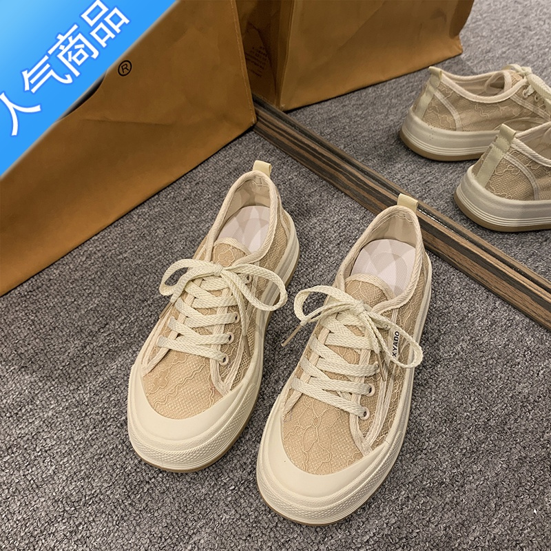 SUNTEK蕾丝帆布鞋女夏季镂空布鞋透气网面休闲板鞋黑色网眼运动网鞋夏款