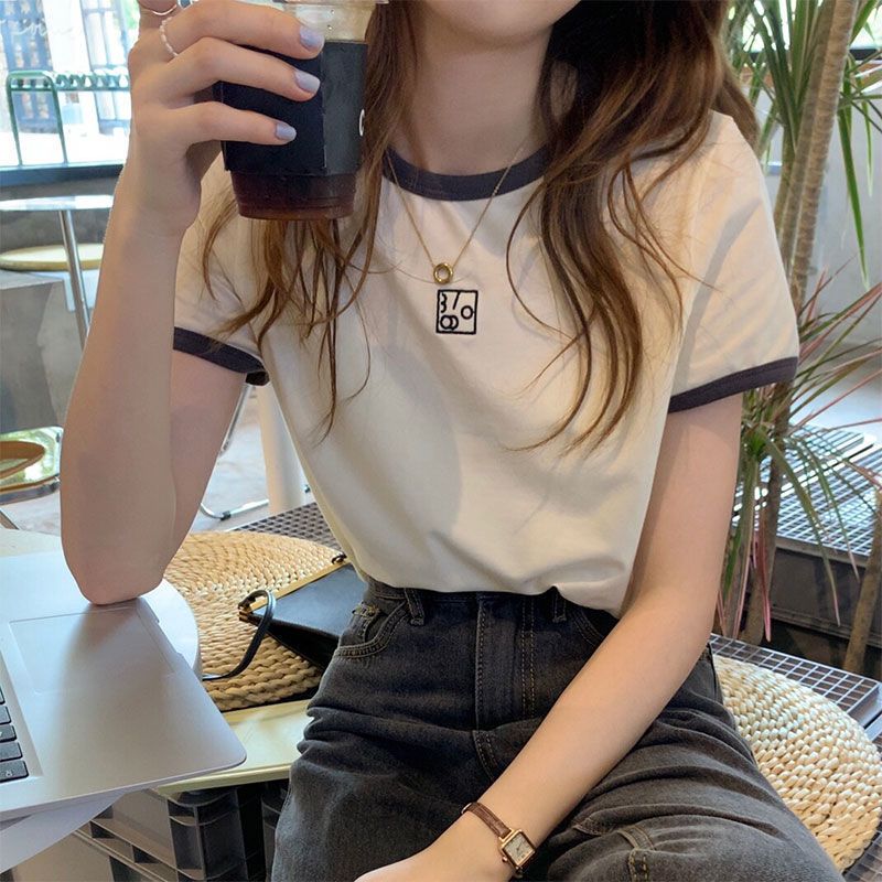 杏色短袖t恤女夏季薄款ins复古半袖宽松高腰露脐短款显瘦上衣威珺