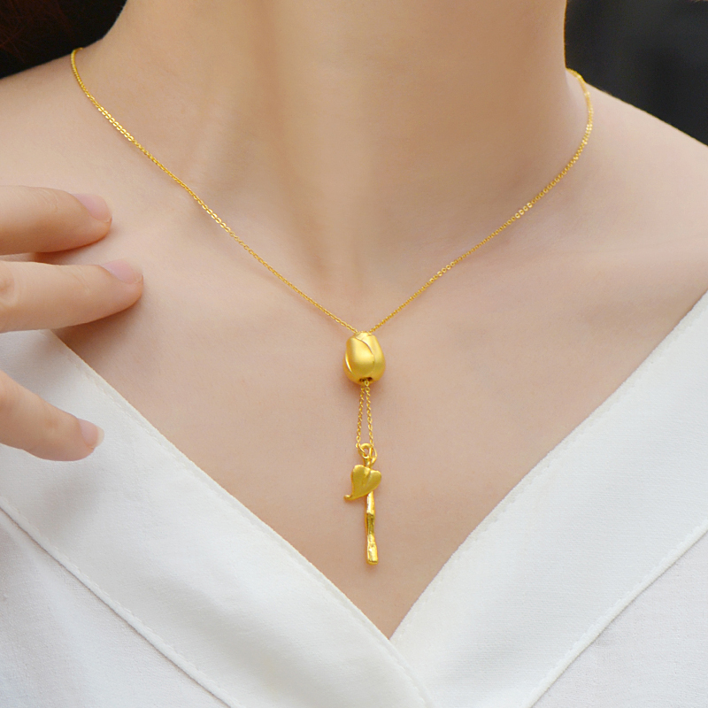 24k纯金黄金项链女足金999玫瑰花黄金吊坠新款金饰珠宝视频