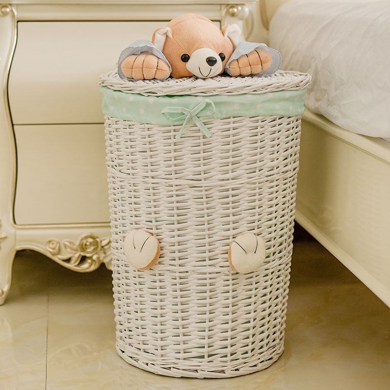 美帮汇衣物脏衣桶脏衣篓收纳桶衣服收纳杂物收纳柳编藤编编织圆形篓子 白色筐+蓝色点点布大号（口38*高50）