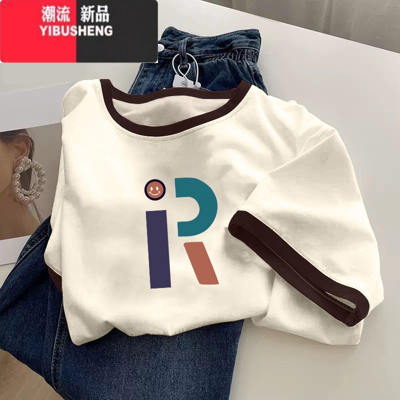 YIBUSHENG季拼接撞色短袖t恤女韩版显瘦学院风百搭多巴胺t恤女上衣服高清大图