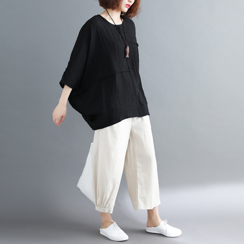 阔腿裤棉麻套装女夏胖mm2018新款宽松休闲民族风亚麻两件套妈妈装