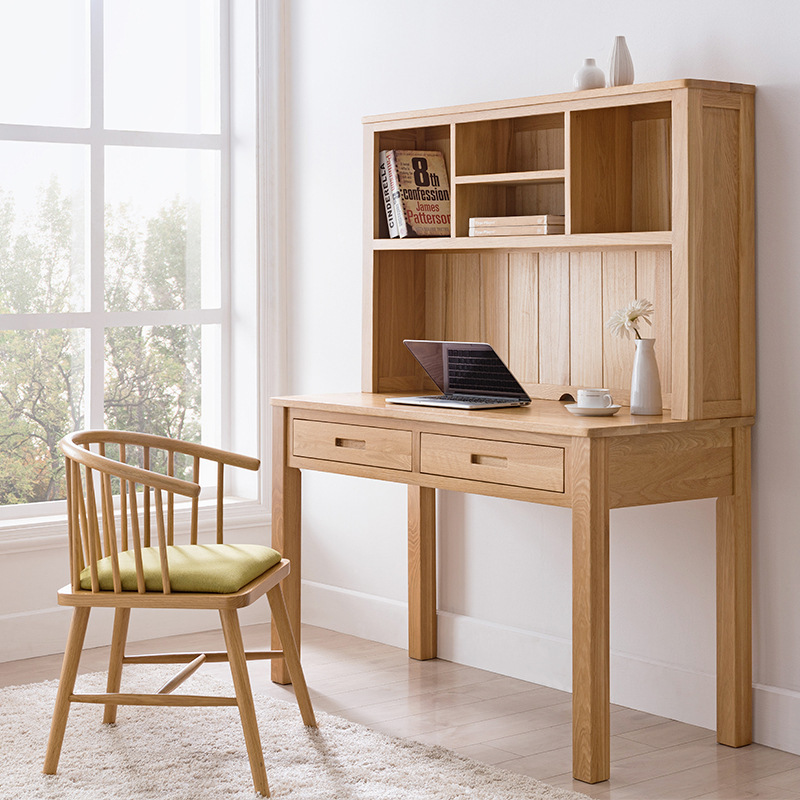 北欧原木橡木书桌带书架家用实木电脑桌环保写字台日式办公桌
