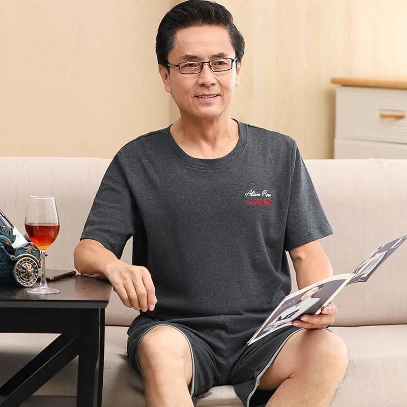 夏季爸爸棉质睡衣男士短袖短裤加大码套装中老年人男式薄款家居服莎丞