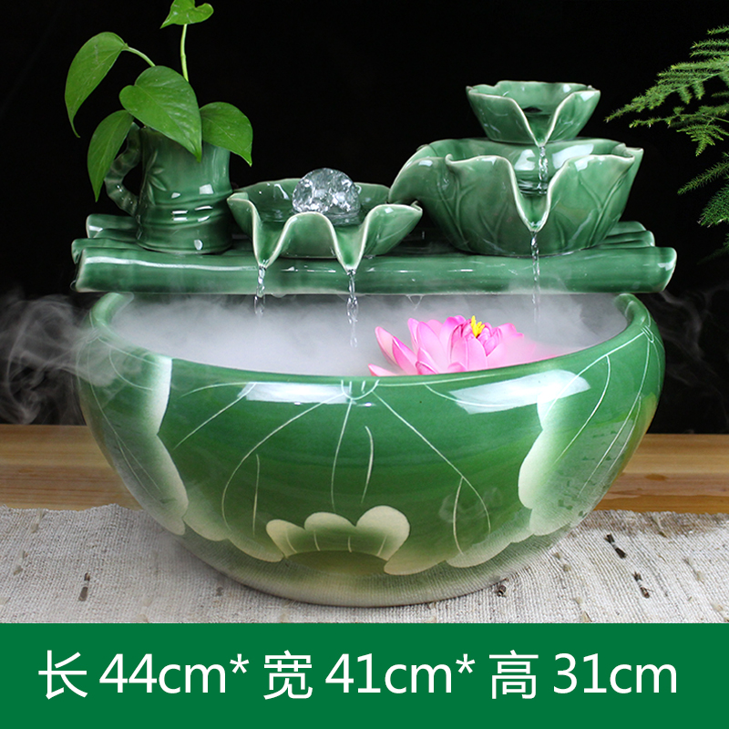 陶瓷流水器家居客厅电视柜自动循环养鱼盆增氧金鱼缸加湿摆件 三维工匠 荷韵珠光(大号)绿色+高清大图