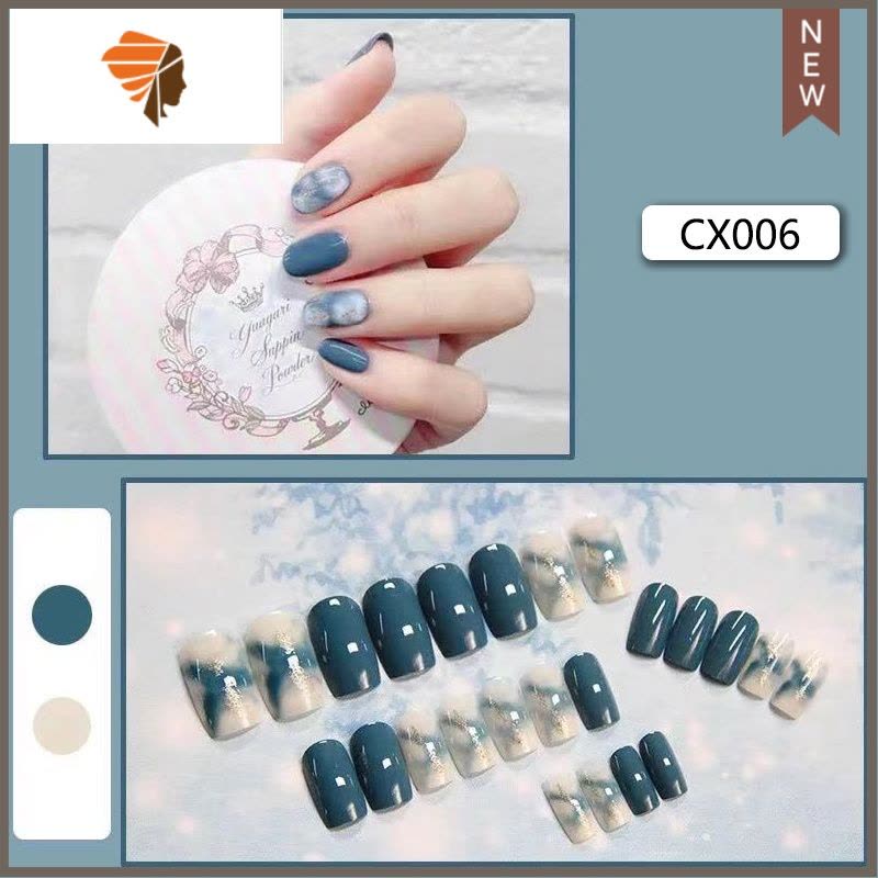 卡通麋鹿显白假指甲穿戴甲成品甲片美甲贴片可拆卸指甲贴片ins 三维工匠 CX006蓝色渲染[长款]图片